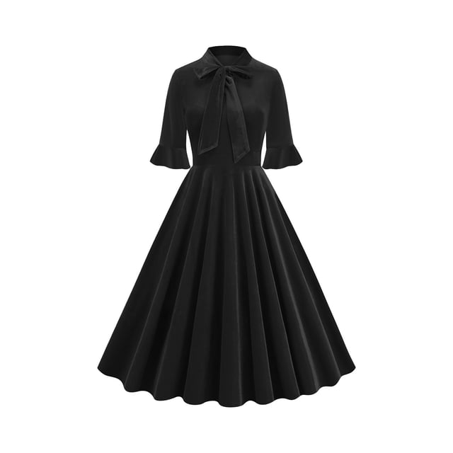 cfhntfmh Robes de Cocktail pour Femmes Vintage à Volants Manches 3/4 Robe Midi Élégante Nœud devant Invitée de Mariage Fête Bal Robe