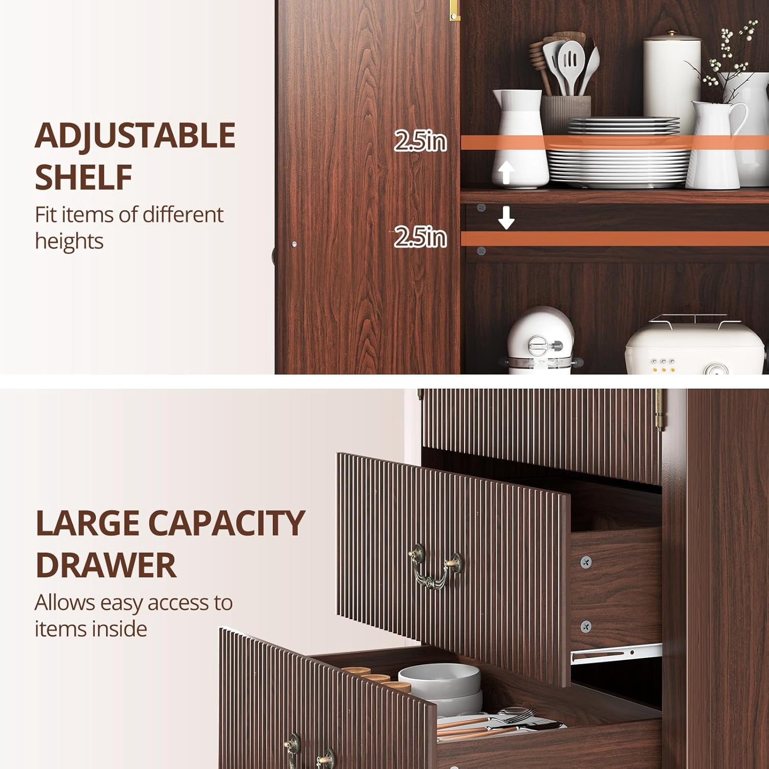SELOOYE Pantry Cabinet Modern 71 Inch Tall Fluted Arched Adjustable Shelves 2 Drawers Freestanding Dark Walnut