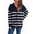 thumbnail image 2 of Women Long Sleeve Color Block Sweaters Striped Tops Button Down Open Front Knit Cardigan Coat Jackets Navy Blue S, 2 of 10