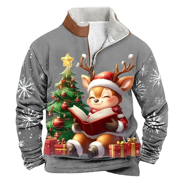 Sudadera sin capucha para hombre, de invierno, con cuello alto, cremallera, estampado navideño, jersey de manga larga, sudadera con capucha, blusa de poliéster para hombre