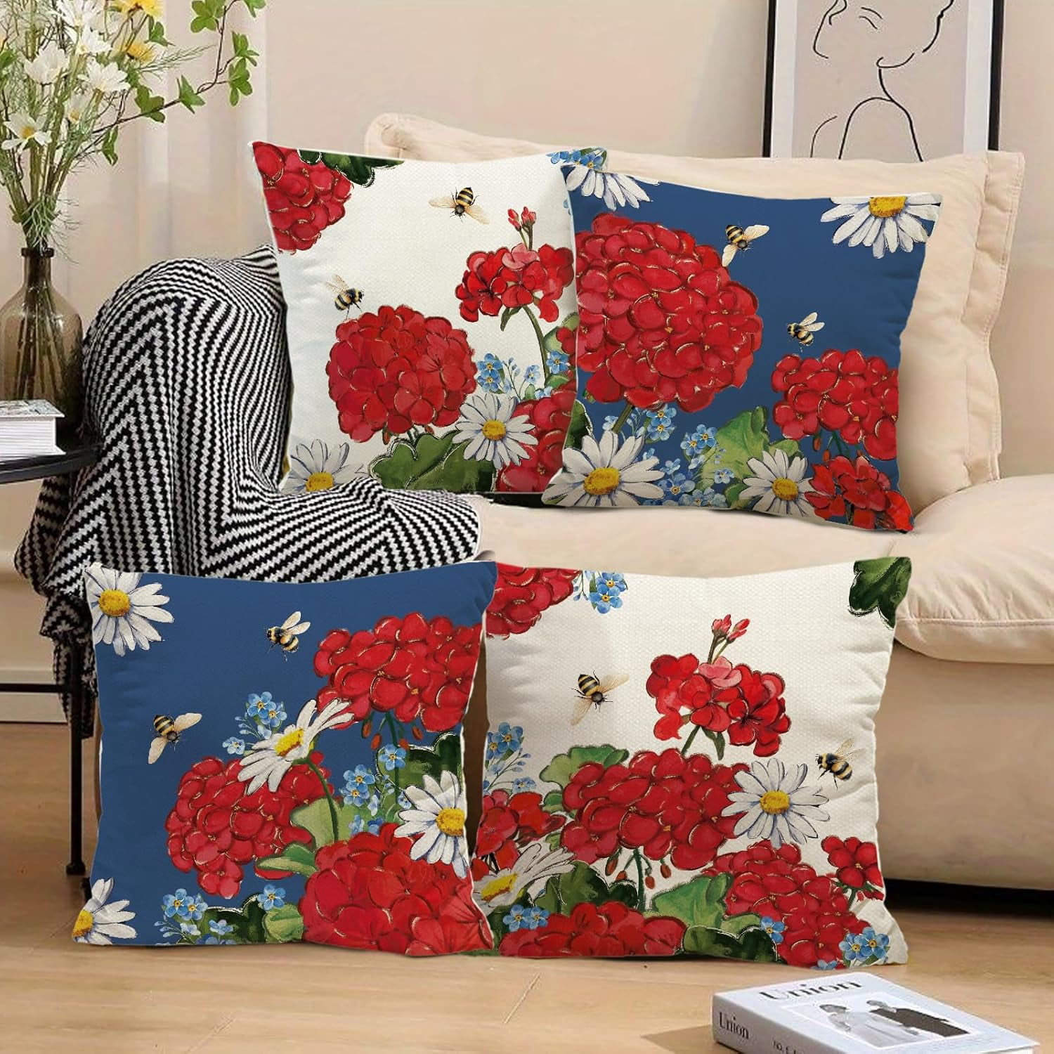 Spring Summer Red Geranium Pillow Covers White Daisy Floral 18 x 18 Inch Throw Pillows, Farmhouse Bee Seasonal Outdoor Indoor Decorative for Cushion Case Sofa Couch Set of 4