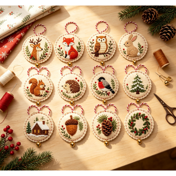 12 Count Christmas DIY Embroidery Ornament Making Kit Hand Sewing Supplies with Diverse Winter Motifs for Handcrafted Christmas Tree Hanging Ornaments (C)