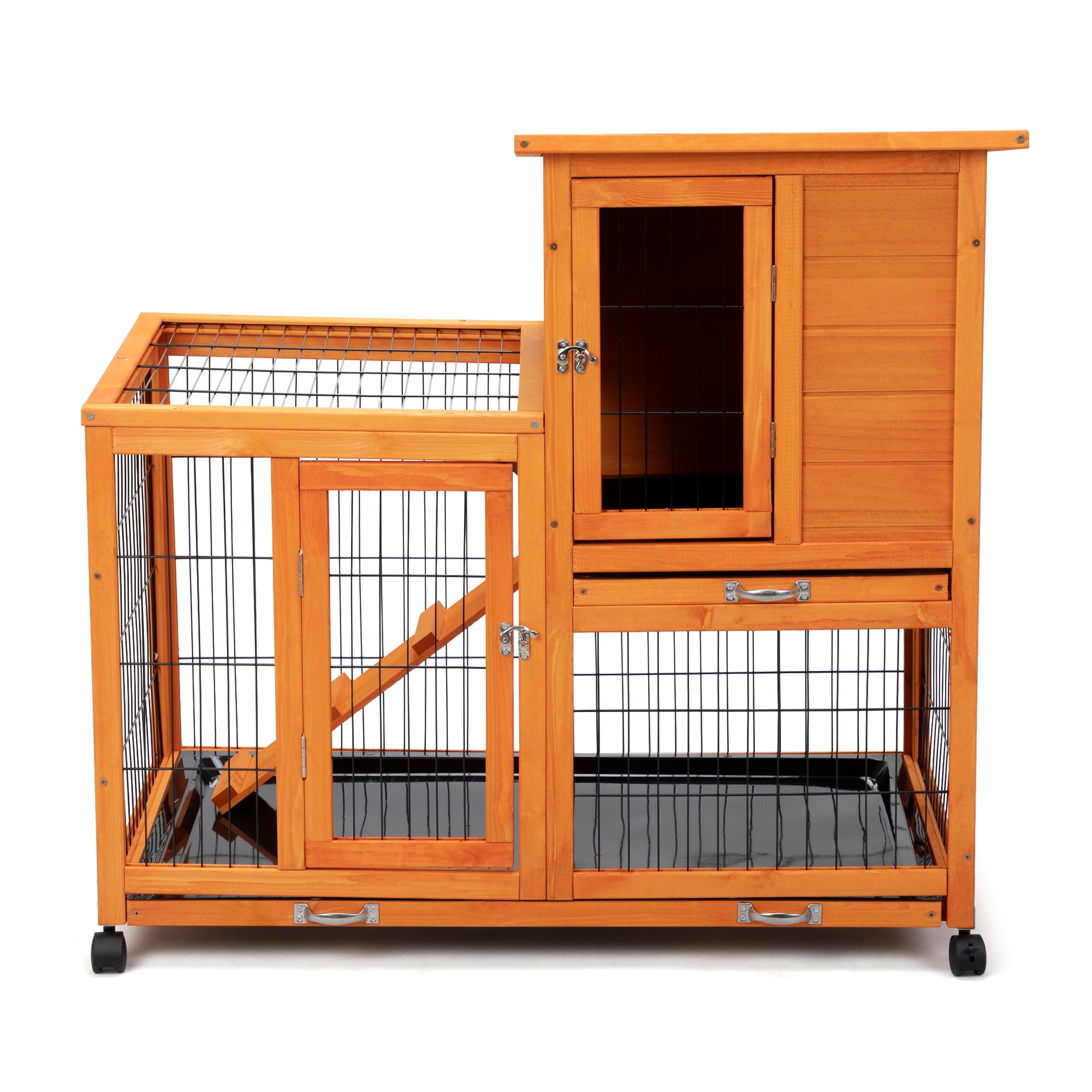Pefilos 39" Wood Rabbit Hutch for Indoor, Outdoor Chicken Coop, Hen House with Removable Tray, Rolling Casters, Orange