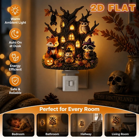 Halloween Wall Night Light Plug In, Spooky Ghost & Pumpkin Tree House Nightlight, Cute Holiday Home Decor & Party Gift