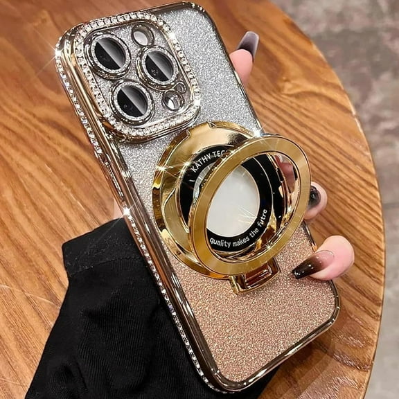 Dteck Magnetic Stand for iPhone 16 Pro Max Case, Compatible with Magsafe Built-in Camera Lens Protector Glitter Bling Paper & Soft TPU Diamonds Bumper Protection Cover for Women Girls,Gold
