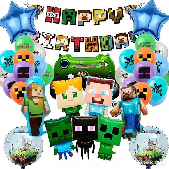Minecraft  Party Decorations Set, Creeper Foil Balloons, Pixel Latex Balloons & Cartoon Banner