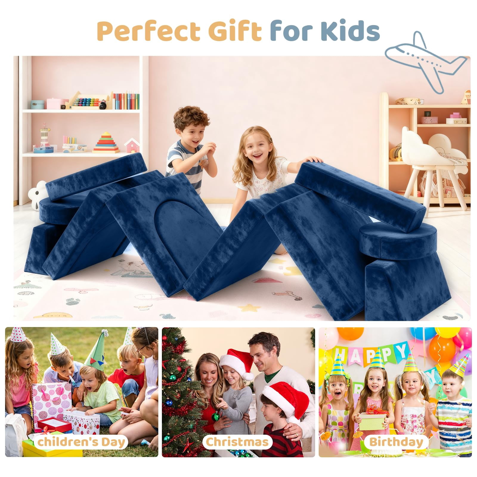 Modular Kids Play Couch, 12Pcs Kids Sofa for Playroom Bedroom Living Rooms Toddler Sofa for Inspiring Child Creativity, Children Creative Convertible Foam Sofa, Blue
