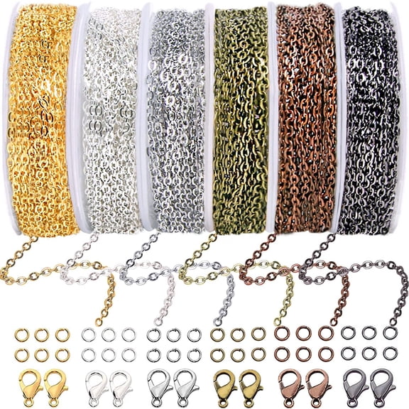 Chain for Jewelry Making, 60ft 6 Rolls Necklace Chains for Jewelry Making DIY Necklace Bracelet Anklet with Jump Rings and Lobster Clasps, 6 Colors 2mm