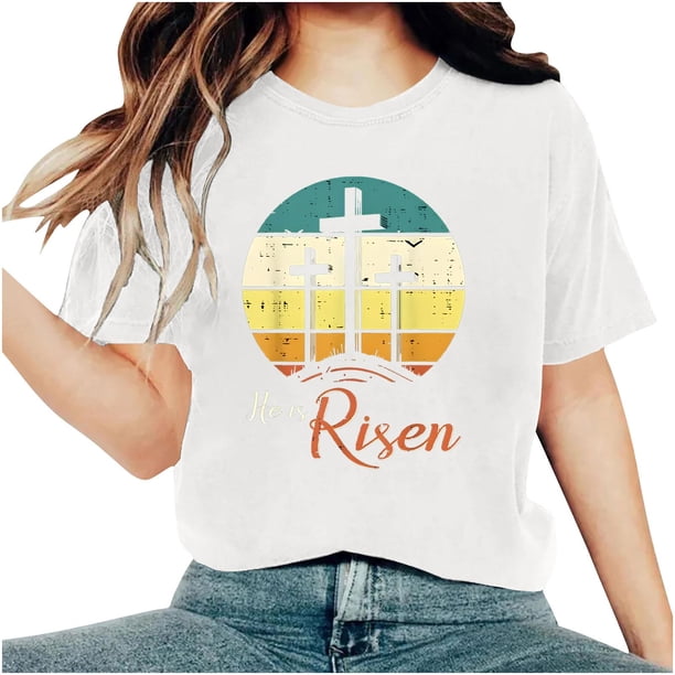 Camisetas de Cuello de Tripulación de Manga Corta para las Mujeres Cartas de Impresión de Pascua Camiseta de Manga Corta, Spandex de Poliéster
