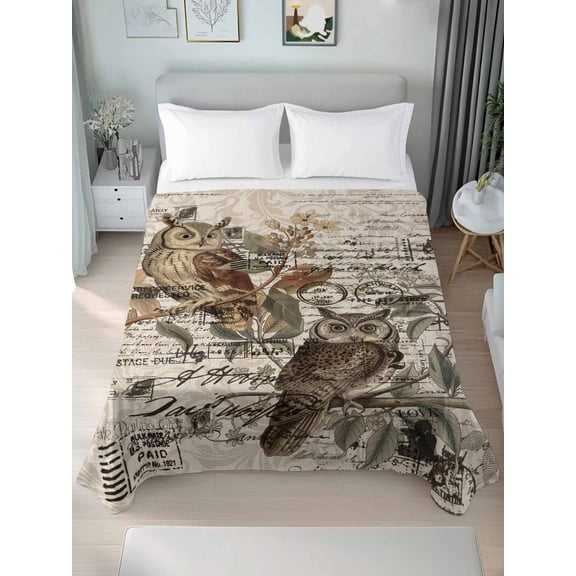 Country Owl Queen Size Flat Sheet, Wrinkleproof & Fadeproof Cooling Flat Bed Sheet Only, Rustic Sping Floral Botanical Postmark Breathable Soft Bedding Top Sheets 90 x 102 Inches
