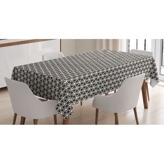 Retro Tablecloth, Geometric Hexagonal Minimalist Octagonal Abstract Grid Hipster Urban Illustration, Rectangle Satin Table Cover for Dining Room and Kitchen, 60" X 90", Black Ivory, by Ambesonne