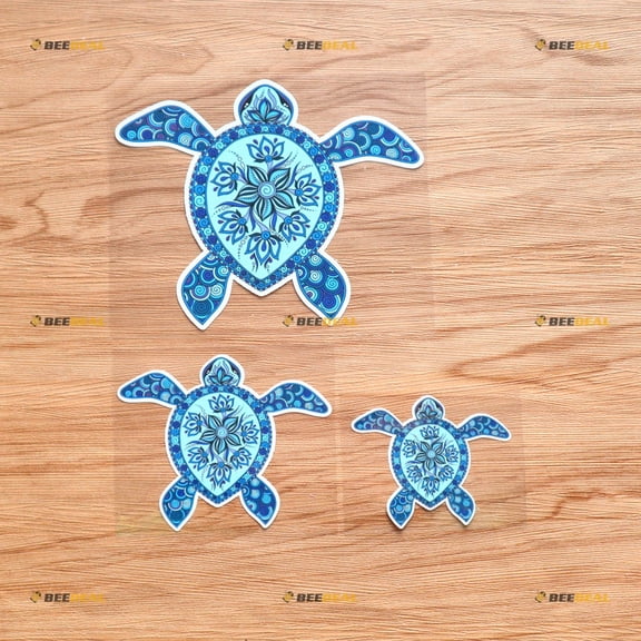 Sea Turtle Hawaii Hawaiian Aloha Sticker Decal Vinyl - 3 Pack Glossy, 3 Inches, 4 Inches, 6 Inches Graphic Tribal Blue Lace for Car Laptop Window Phone