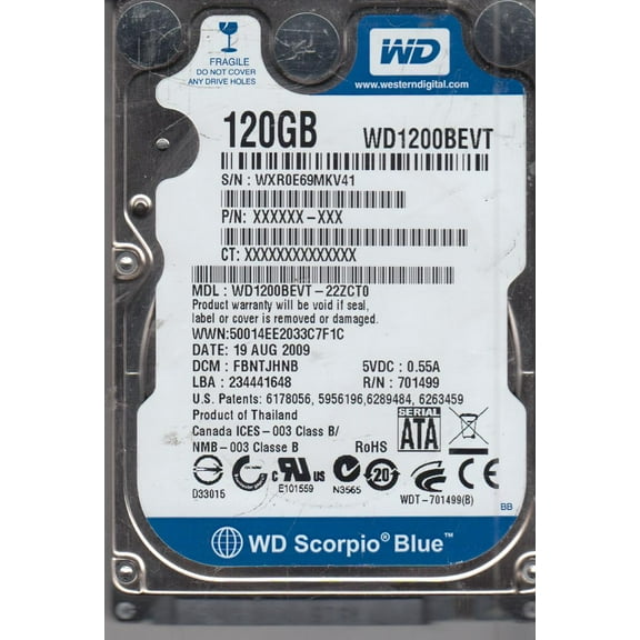 WD1200BEVT-22ZCT0, DCM FBNTJHNB, Western Digital 120GB SATA 2.5 Hard Drive