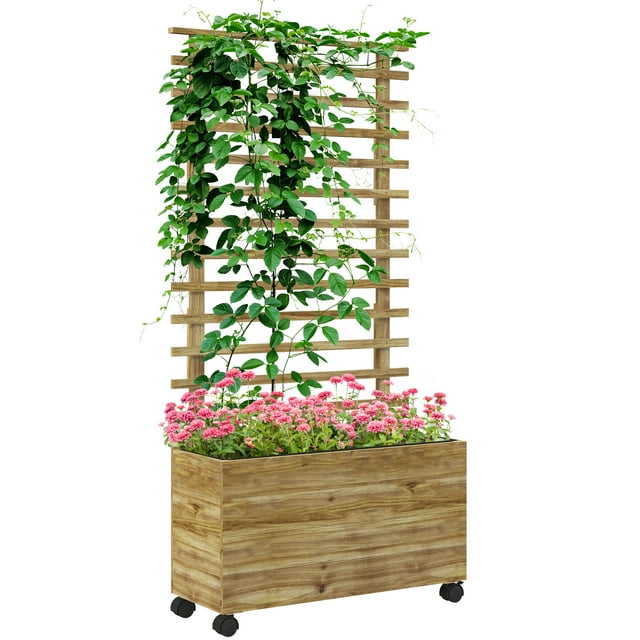 Outsunny Jardinière en Bois avec Treillis, Roues, Bac de Jardin Surélevé, Naturel