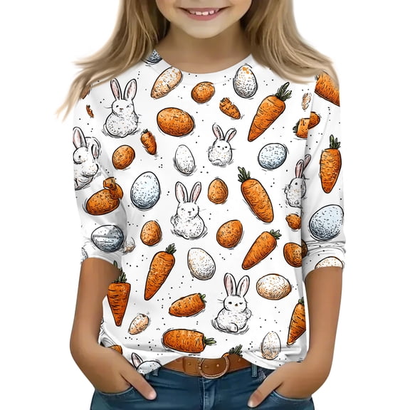 YOUYEDIAN Easter Kids 3/4 Length Sleeve Shirts Girls Festival Cute Bunny Print Tees 2026 Holiday Cotton Tunic Tops Teen Casual Funny Clothes (White, 9-10 Years)