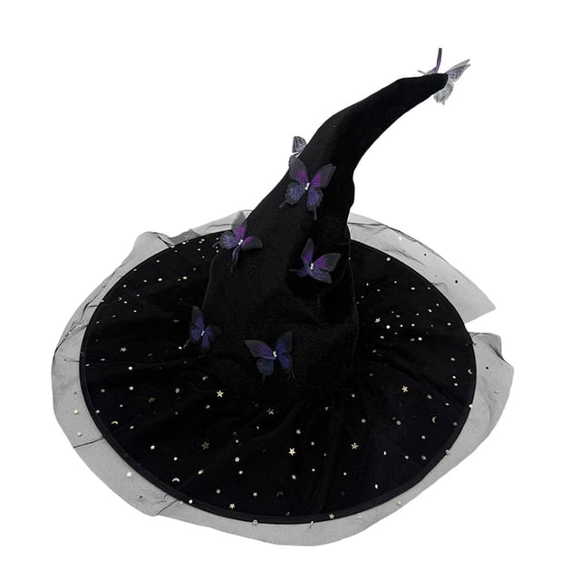 KLKCMS Large Ruched Witch Hat Novelty with Butterfly and Mesh for Photo Props Party violet