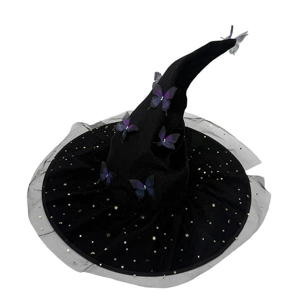 Disfraz de sombrero de bruja de Halloween con mariposa y malla para fiesta de cosplay violeta