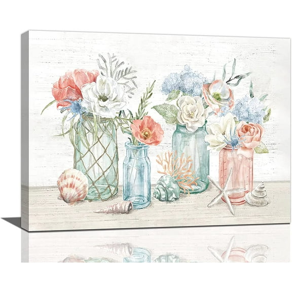 Bathroom Wall Art Beach Bathroom Decor Vase Flowers Seashells Bathroom Pictures For Wall Bathroom Artwork Canvas Print Home Decor For Bathroom Living Room Bedroom Office Framed 16"x12"