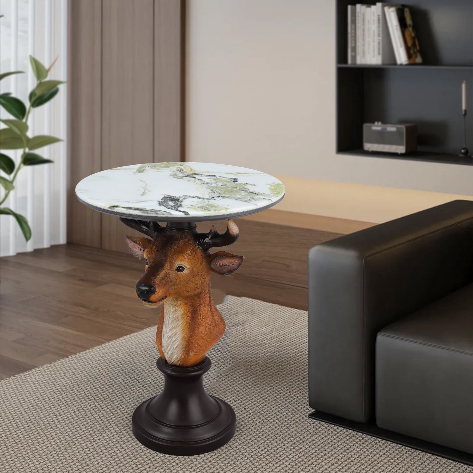 Deer Head Accent Table, Animal Statue End Table with Faux Marble Top, Resin Sculpture Side Table for Living Room, Cabin, Lodge, Rustic Decor, Brown