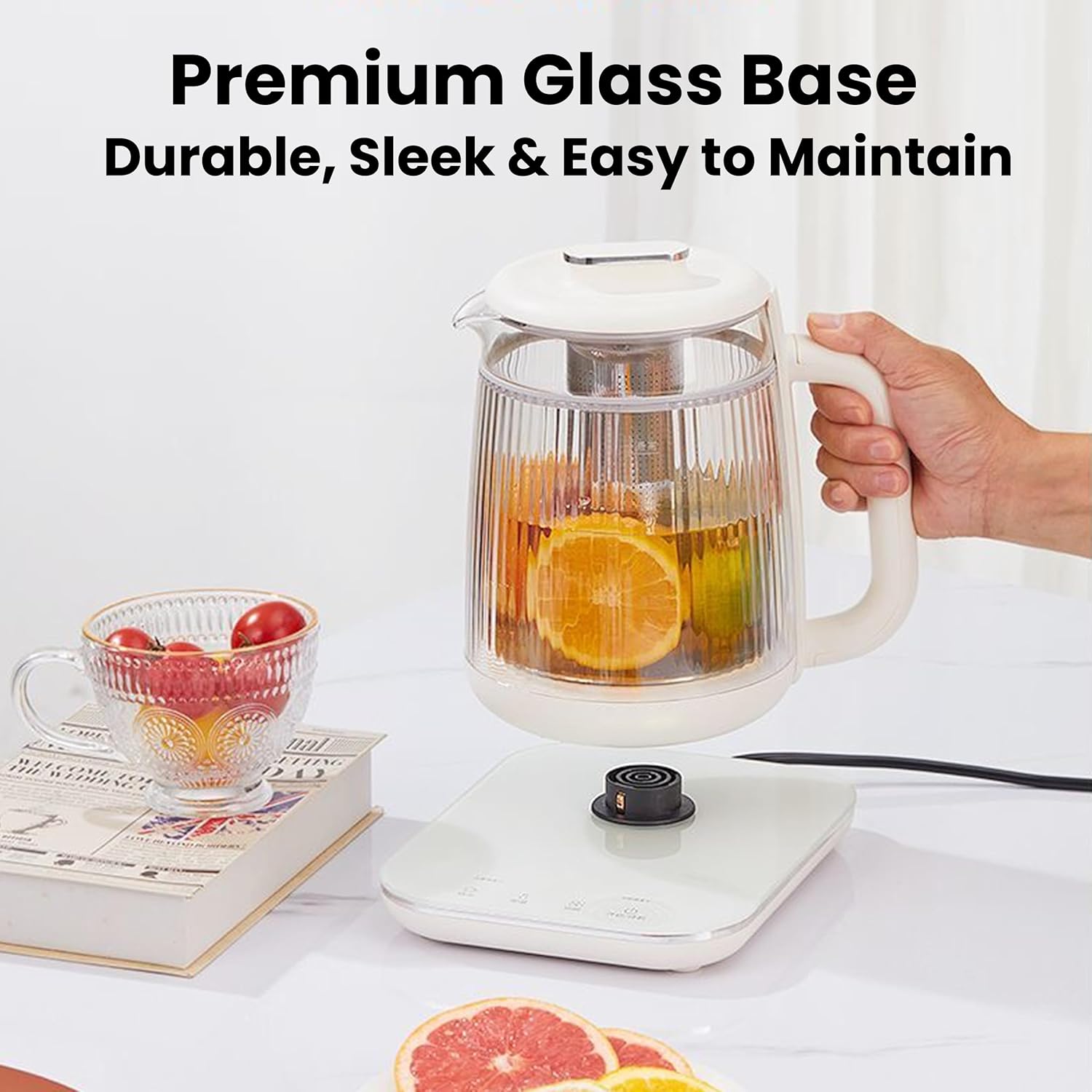 Double-Layer Electric Kettle 1.5L with Stew Pot, 9-in-1 Glass Tea Maker, Programmable Touch Panel, Stainless Steel Base for Soup Porridge Herbal Tea, White