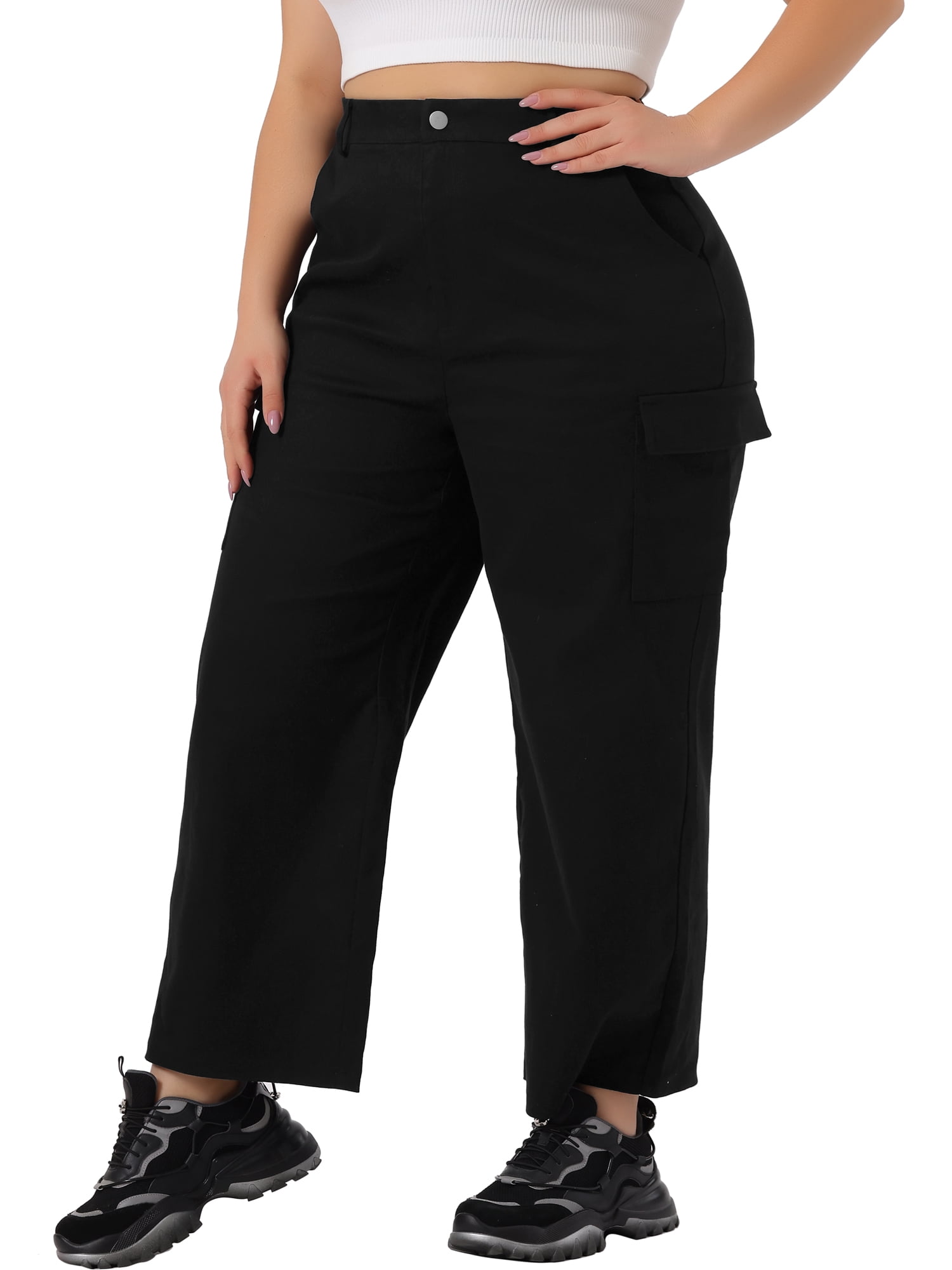 Unique Bargains Women's Plus Size Cargo Pants Drawstring Elastic Waist Pockets Trousers 1X Black