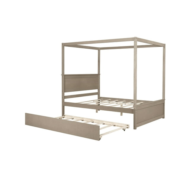 Wood Canopy Bed With Trundle Bed, Full Size Canopy Platform Bed With Support Slats .No Box Spring Needed, Light Brown