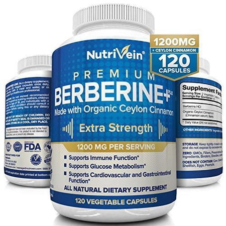 Nutrivein Premium Berberine HCL 1200mg Plus Organic Ceylon Cinnamon - 120 Capsules