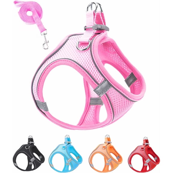 Reflective XXXS Pink Dog Harness and Leash for Training Small Dogs and Cats