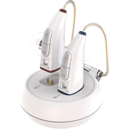 Rechargeable Hearing Aids for Seniors - (Pair) Digital Binaural Behind-The-Ear Personal Sound Amplification Aid Device, Long Lasting Battery, Comfortable All-Day BTE Design, Noise Cancellation, White