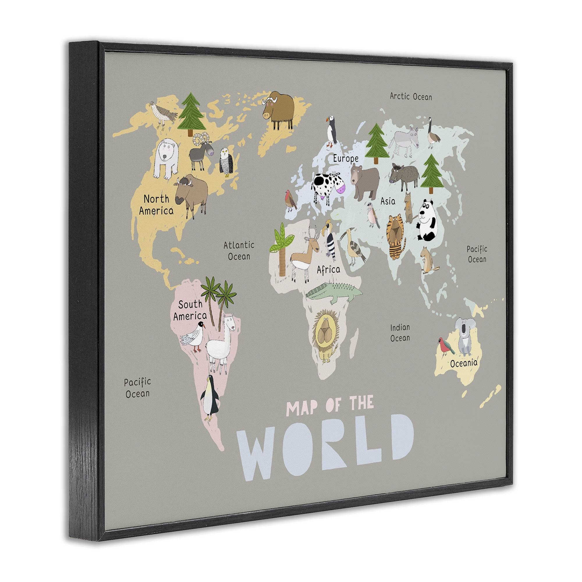 Kid's Map Of World Grey Black Framed Giclee Art, design by Carla Daly