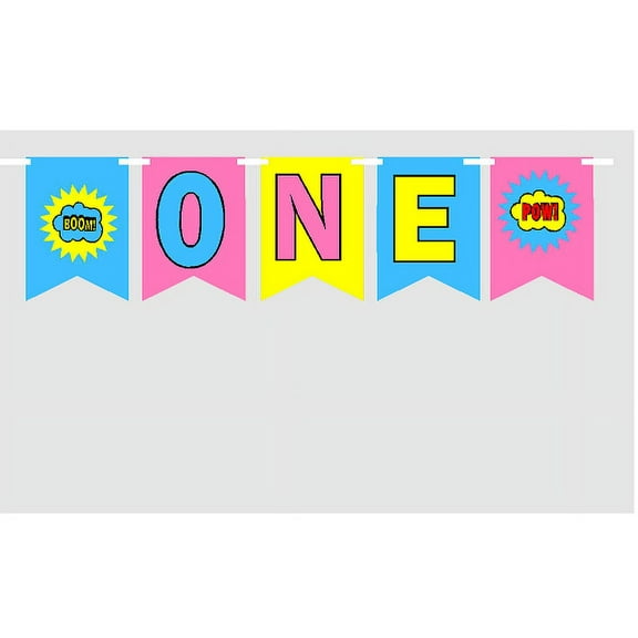 Baby First (1st) Birthday Girl's Superhero Party Theme Picture Backdrop/HIgh Chair/Wall Decoration Banner