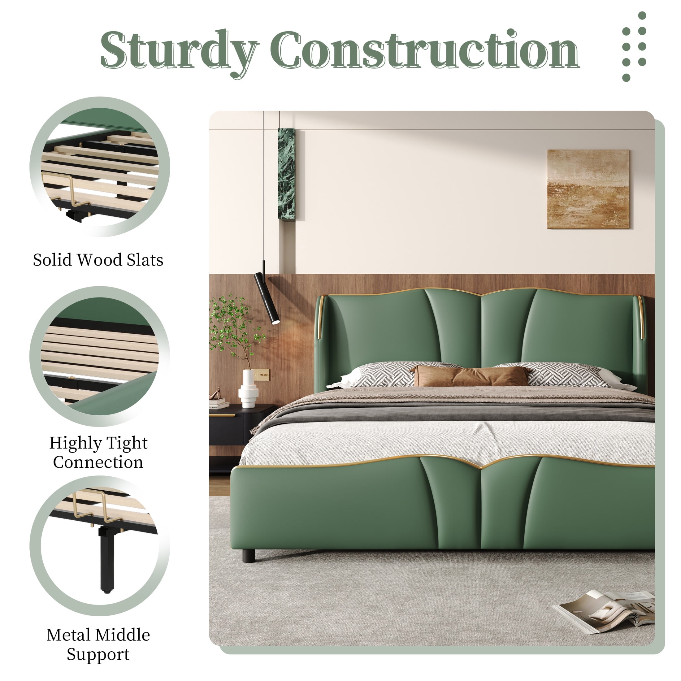 Christopher Knight Home Luxury PU Upholstered Queen Bed Frame with Wingback Headboard, Dark Green