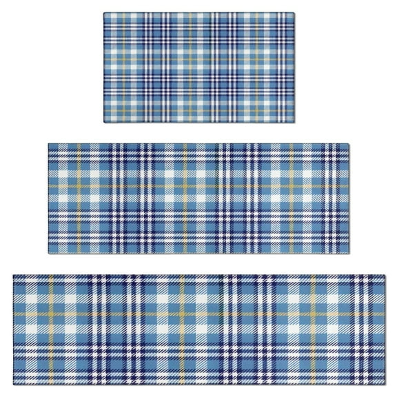 Blue White and Yellow Checkered Pattern Kitchen Rugs Sets Of 3,Kitchen Runner Rugs Non Skid Washable,Decorative Kitchen Floor Mats for Kitchen,Sink,Laundry,17"x30" 17"x47" 17"x59"