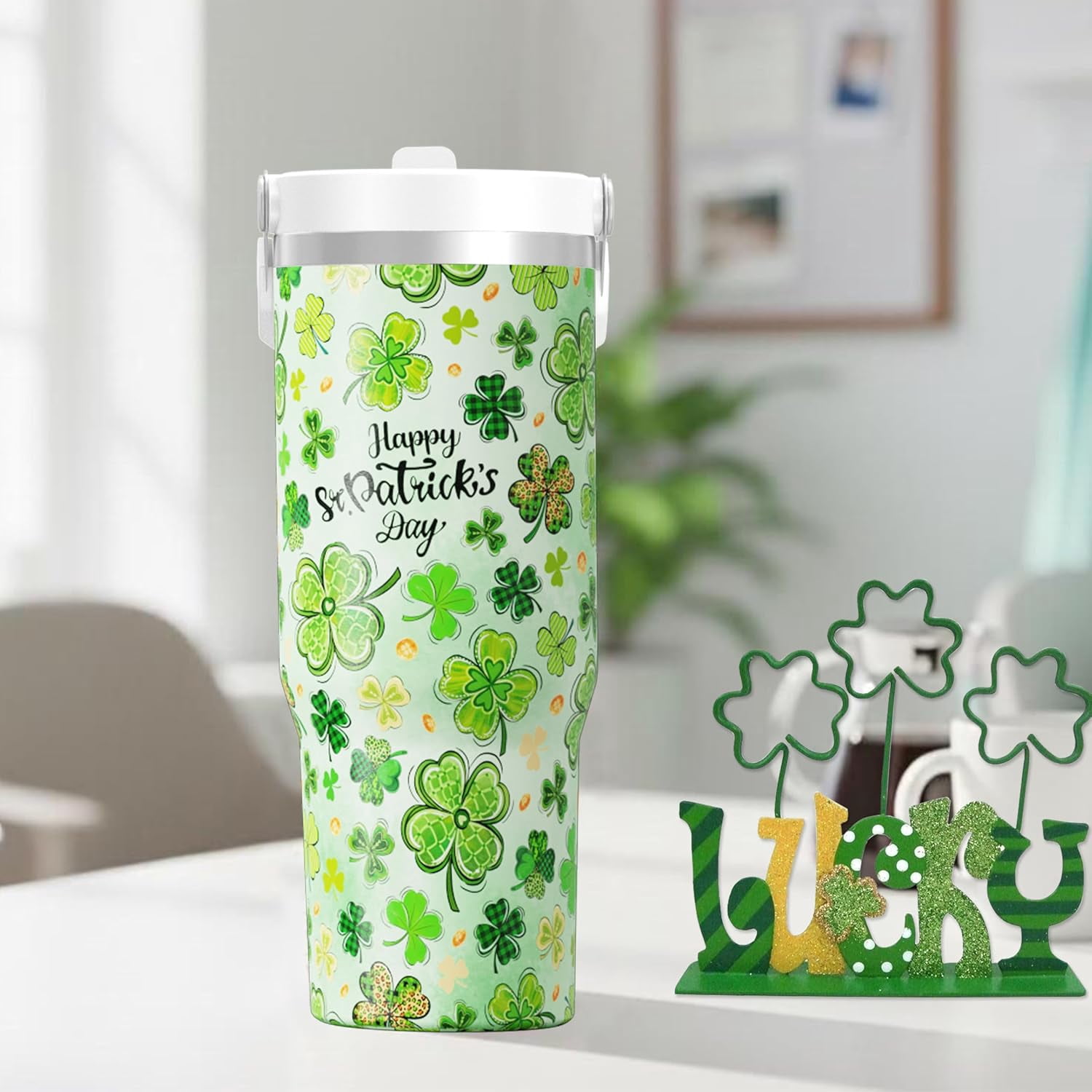 30 oz St. Patricks Day Tumbler with Straw Handle, Happy St. Patricks Day Shamrock Gifts for Women Men, Stainless Steel Insulated Water Bottle Coffee Cups for Home Office Travel