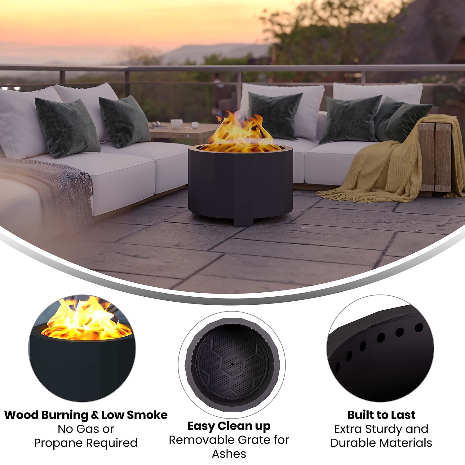 Flash Furniture Titus Commercial Grade 27 inch Smokeless Outdoor Firepit, Natural Wood Burning Portable Fire Pit With Waterproof Cover, Black