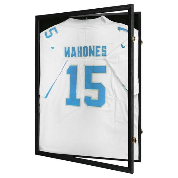 Jersey Frame Display Case-Jersey Display Box- Lockable Jersey Frame with 2 Wall Hangers and UV Resistant Acrylic-Display Case for Football Baseball Basketball Jersey-Black, Wood