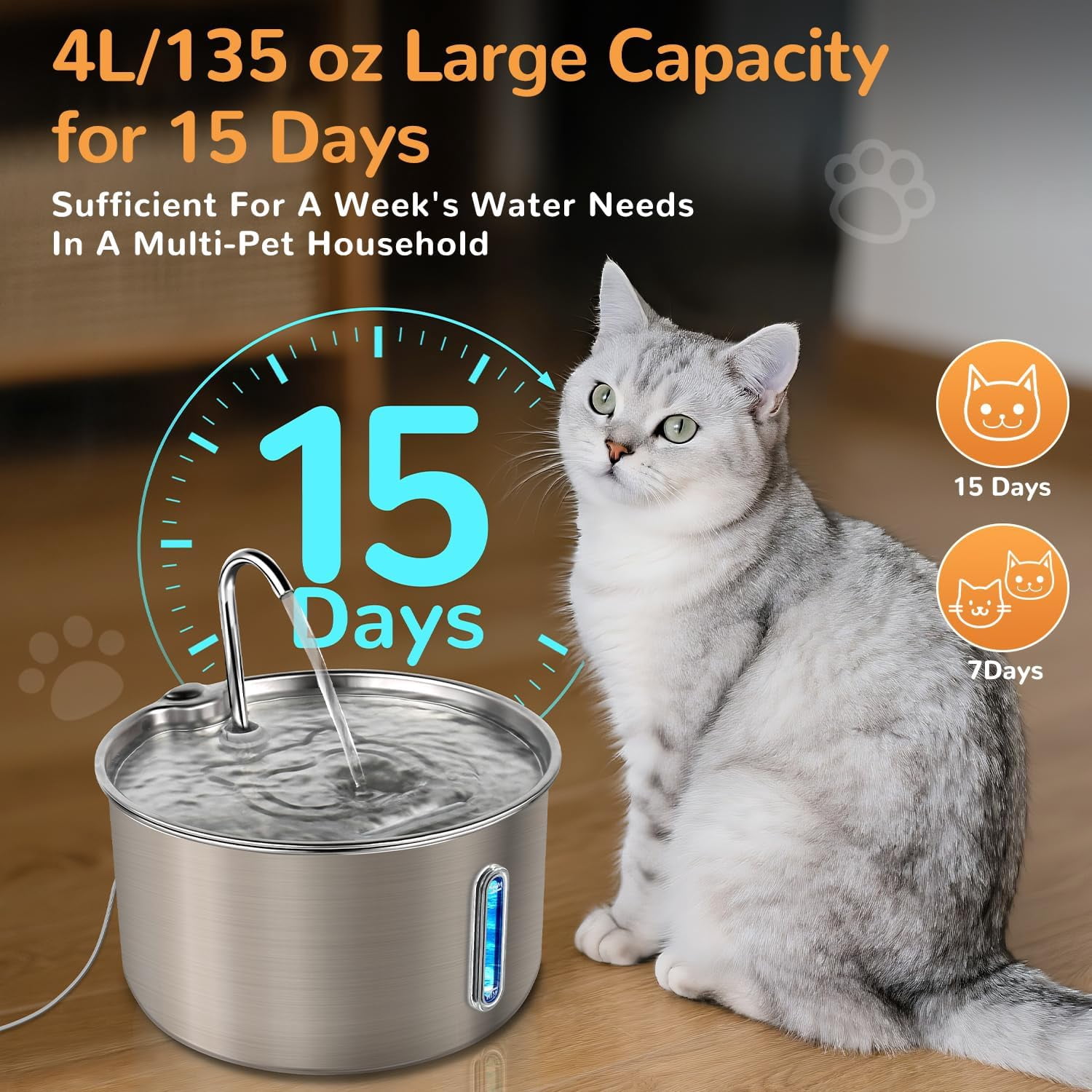 Automatic Stainless Steel Pet Water Fountain, 4L/135oz Capacity with Replacement Filters, Ultra-Quiet Adjustable Pump, 3 Flow Modes for Cats and Dogs in Multi-Pet Homes