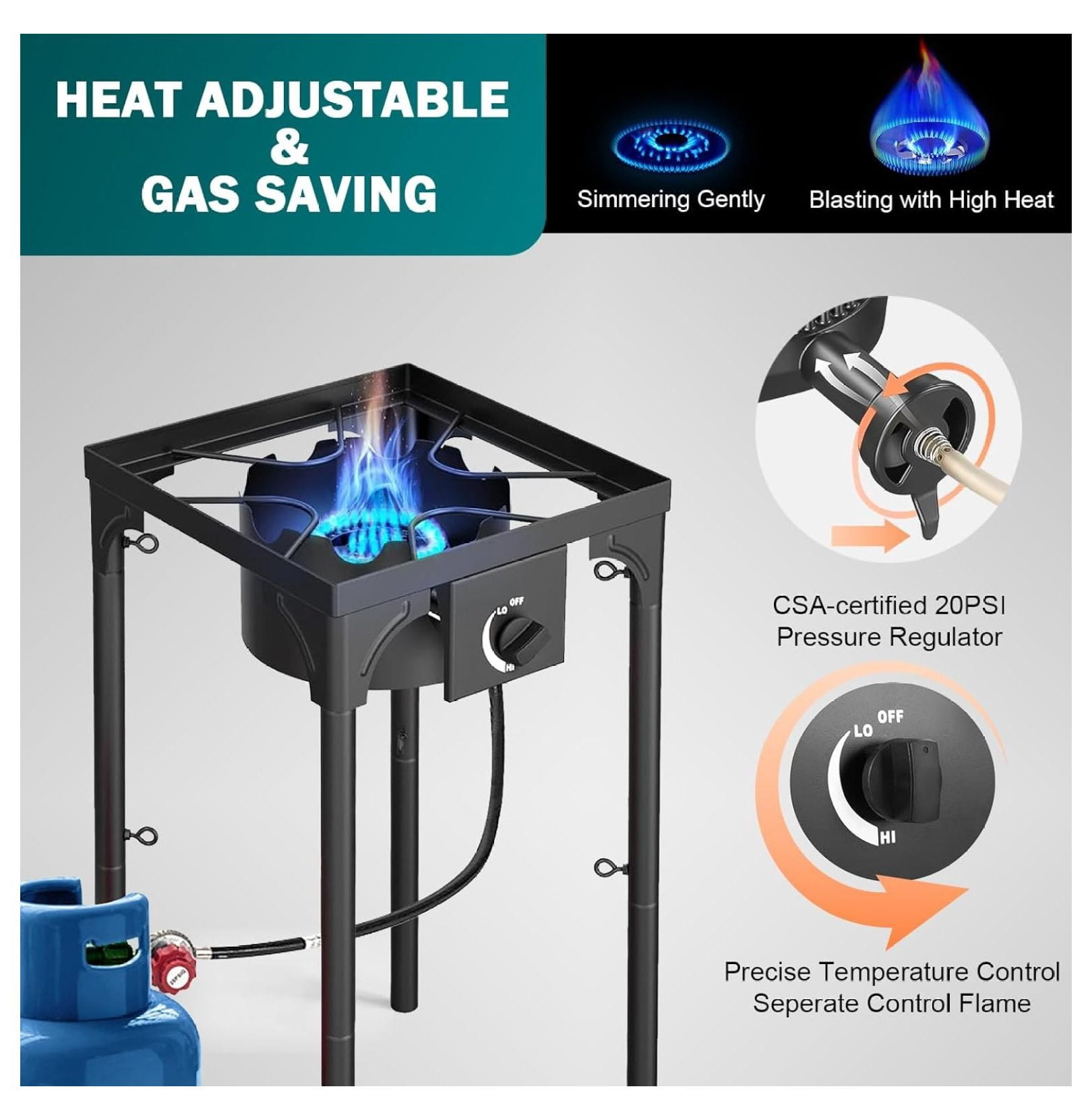 Outdoor Gas Stove 1 Burner, 75000 BTU/hr, High Pressure Outdoor Stove with 0-20 PSI Adjustable Regulator and 4ft Hose, Propane Stove for Patio Backyard Camping with Detachable Stand Legs