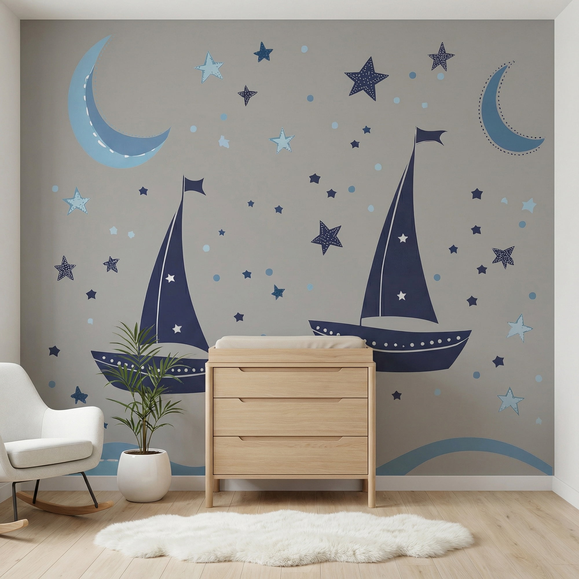 Unique Bargains Nursery Wall Stickers with Waves and Sailboats Peel Blue 23.2" x 15.7"