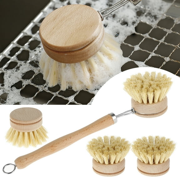 Wooden Kitchen Dish Brush Set Long Handle Pan Brush with 4 Replacement Brush Heads