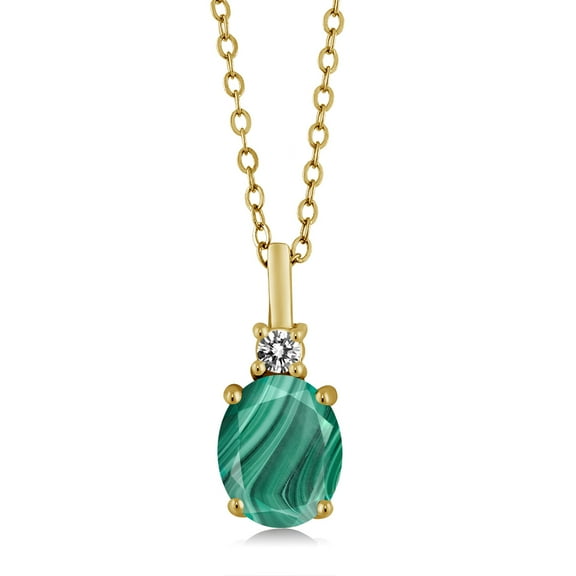 Gem Stone King 18K Yellow Gold Plated Silver Green Malachite and White Diamond Pendant Necklace for Women (2.57 Cttw, Gemstone Birthstone, Oval 9X7MM, with 18 inch Silver Chain)