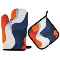 Yayeee Oven Mitts and Pot Holder Set of 4 Heat Resistant Kitchen Gloves Baking Hot Pad, Blue Abstract Wavy