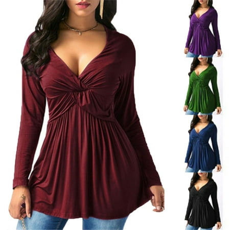 Empire Waist Short Sleeve Top - Women's Fashion Solid Color Empire Waist Cotton Deep V Neck Long Sleeve Flare Blouse Loose Tops