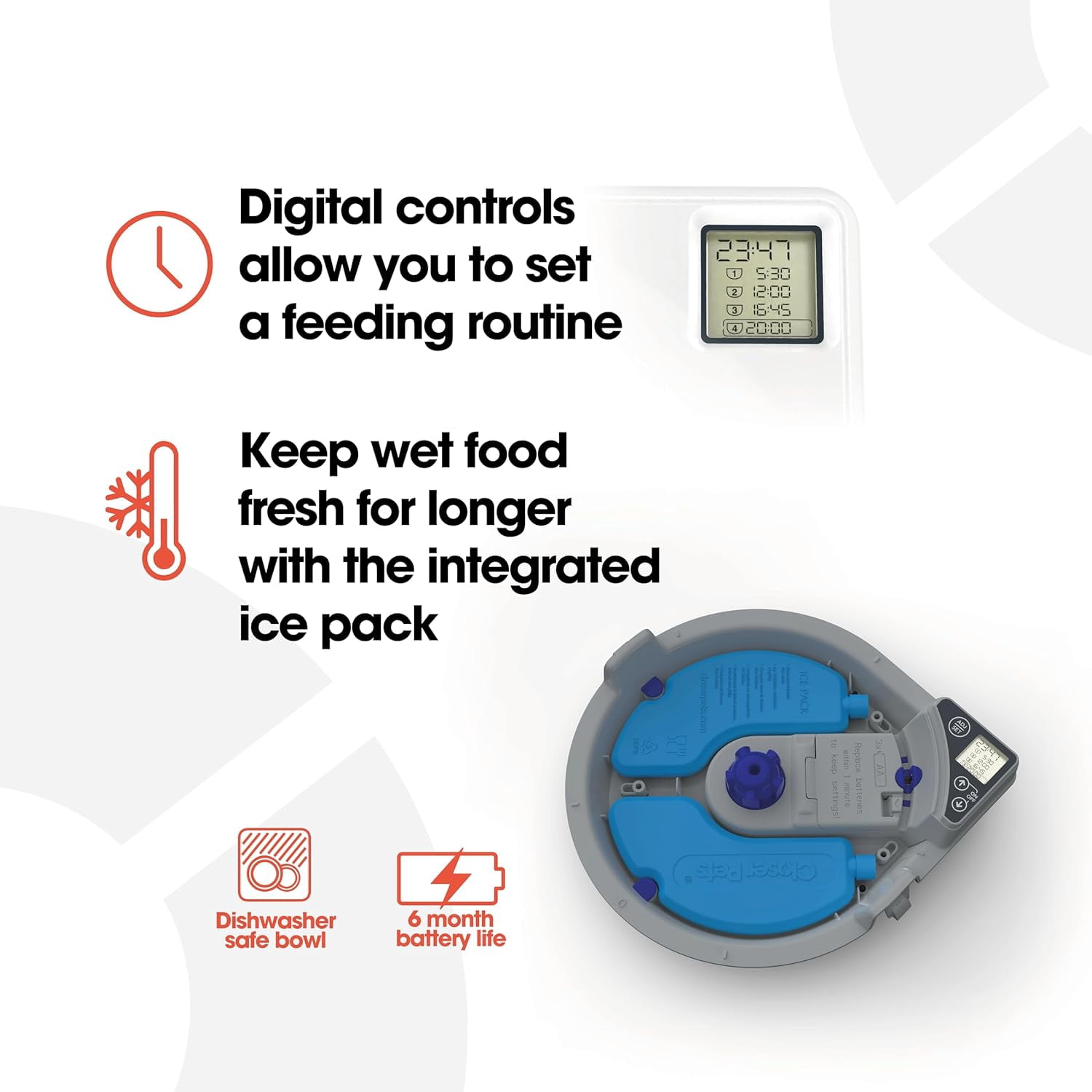 C500 Automatic 5 Bowl Digital Timer-Controlled Pet Feeder for Cats and Small Dogs with Twin Ice Packs