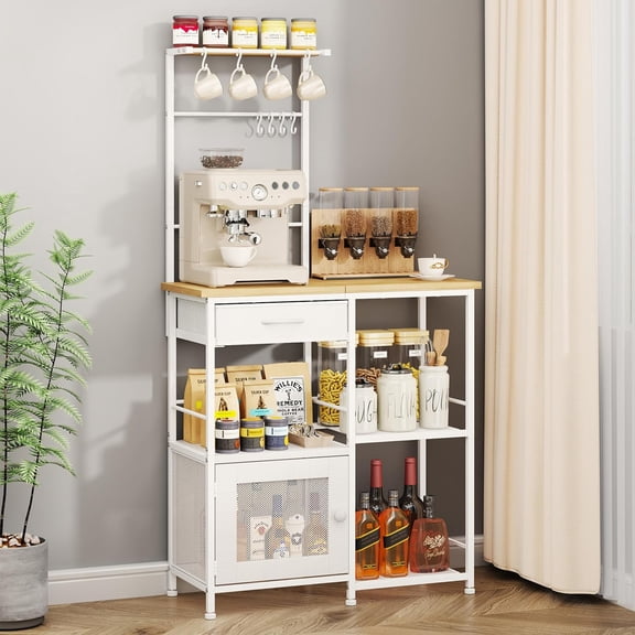 Coffee Bar with Hanging Rack - Farmhouse Coffee Stand Station Multi-Purpose Buffet Sideboard Cabinet with Drawers - Kitchen Bar Table for Living Room, Corner, Small Space, Natural