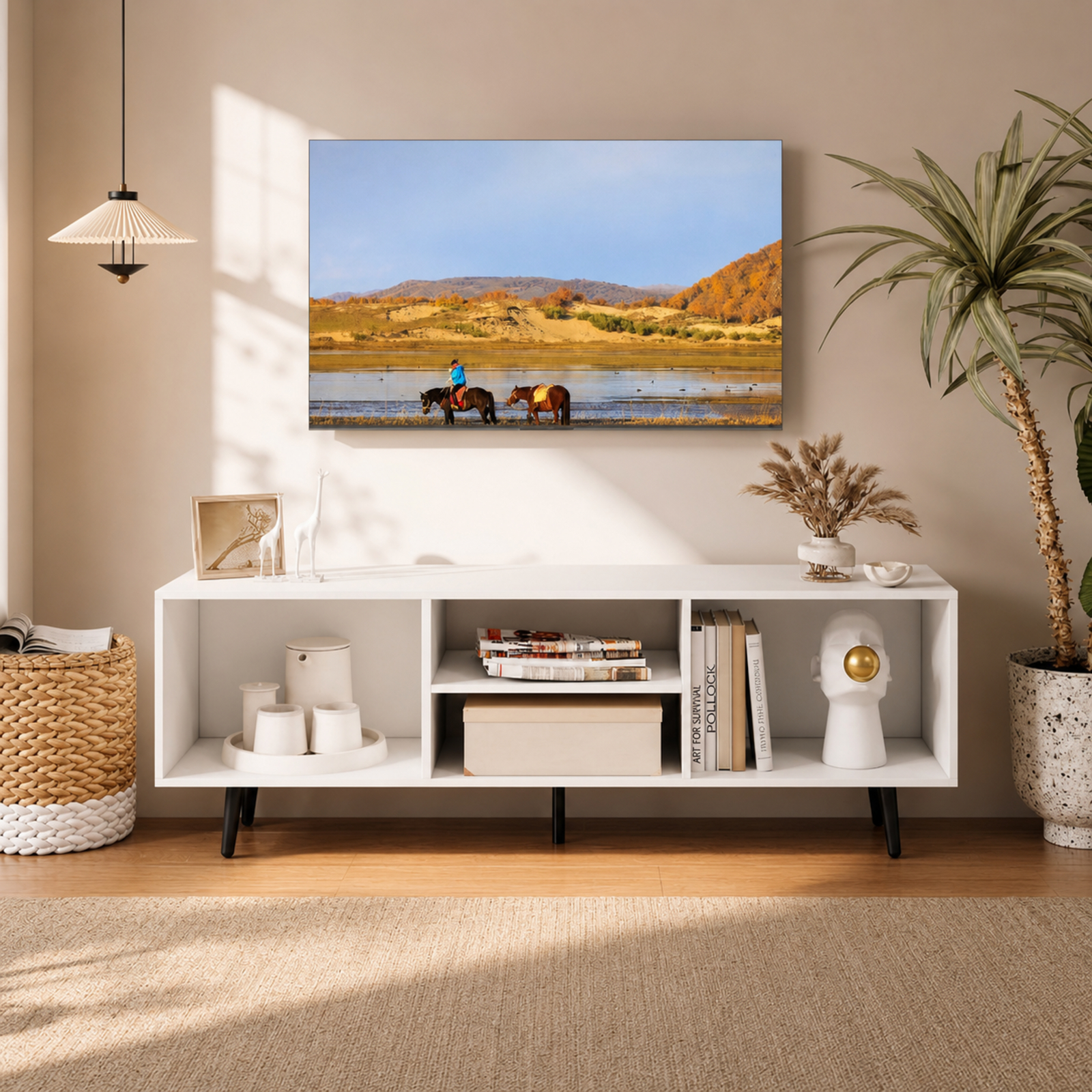 Furnibear 47.5 Inches TV Stand for 55-Inch TV with Compartments and Metal Legs for Living Room Bedroom Media Console Entertainment Center, White