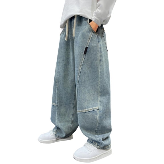 KAUOD Baggy Jeans Boys Y2K Straight Wide Leg Denim Pants Teen Kids Casual Elastic Waist Loose Trousers Pockets Streetwear