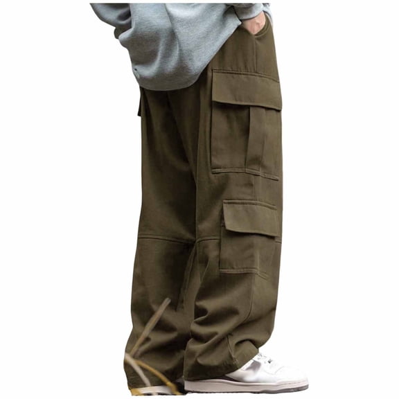 Men's Cargo Pants Oversized Loose Fit Hiking Work Drawstring Waist Pant Outdoor Multi Pockets Army Trouser (L, Army Green)
