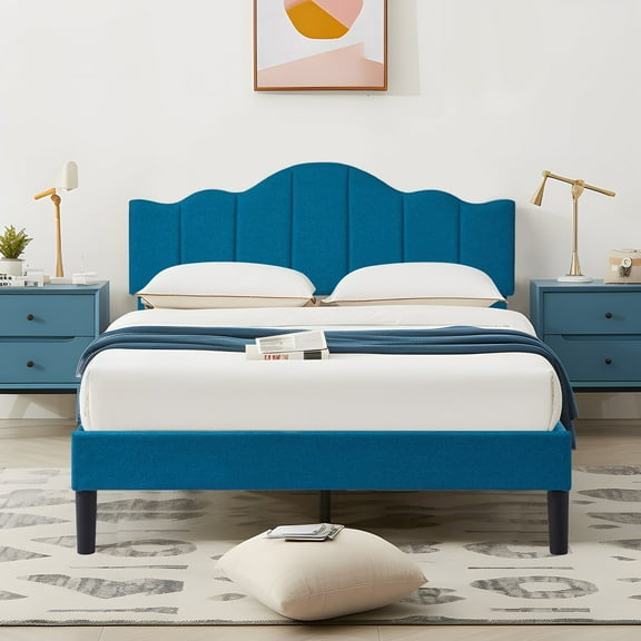 VECELO Queen Size Upholstered Platform Bed Frame with Adjustable Headboard, No Box Spring Needed, Easy Assembly, Blue