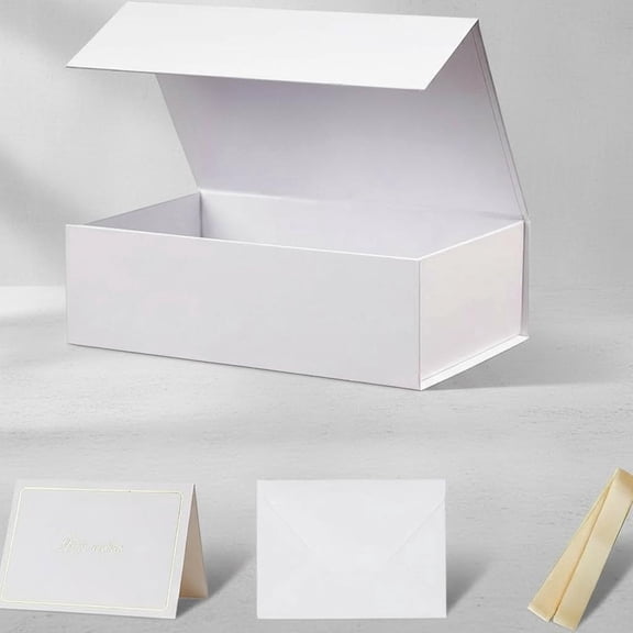 White Magnetic Gift Box with Lid, Collapsible Rectangle for Presents, Includes Ribbon Card Envelope